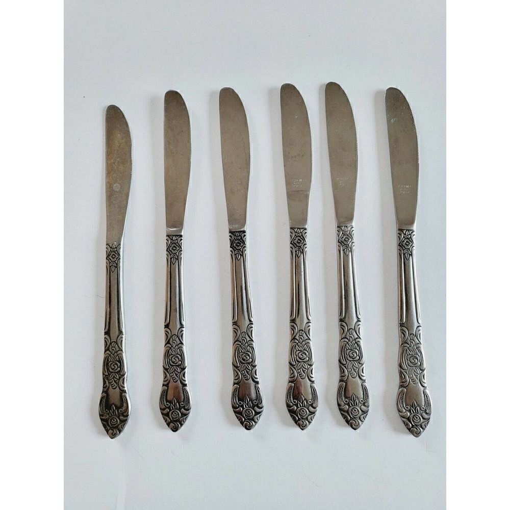 Vintage Ornate Rose Stainless Flatware Knives Lustreware korea